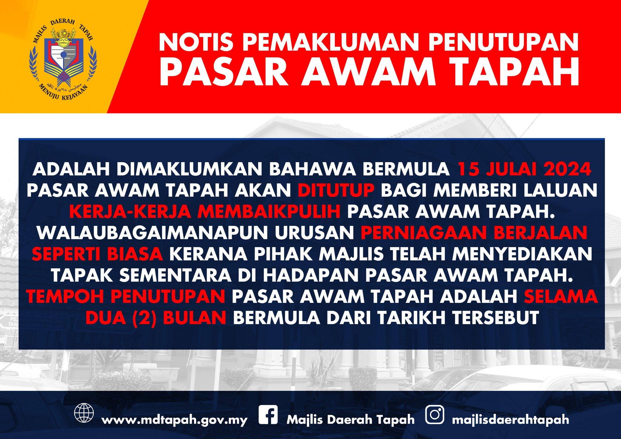 NOTIS PEMAKLUMAN PENUTUPAN PASAR AWAM TAPAH