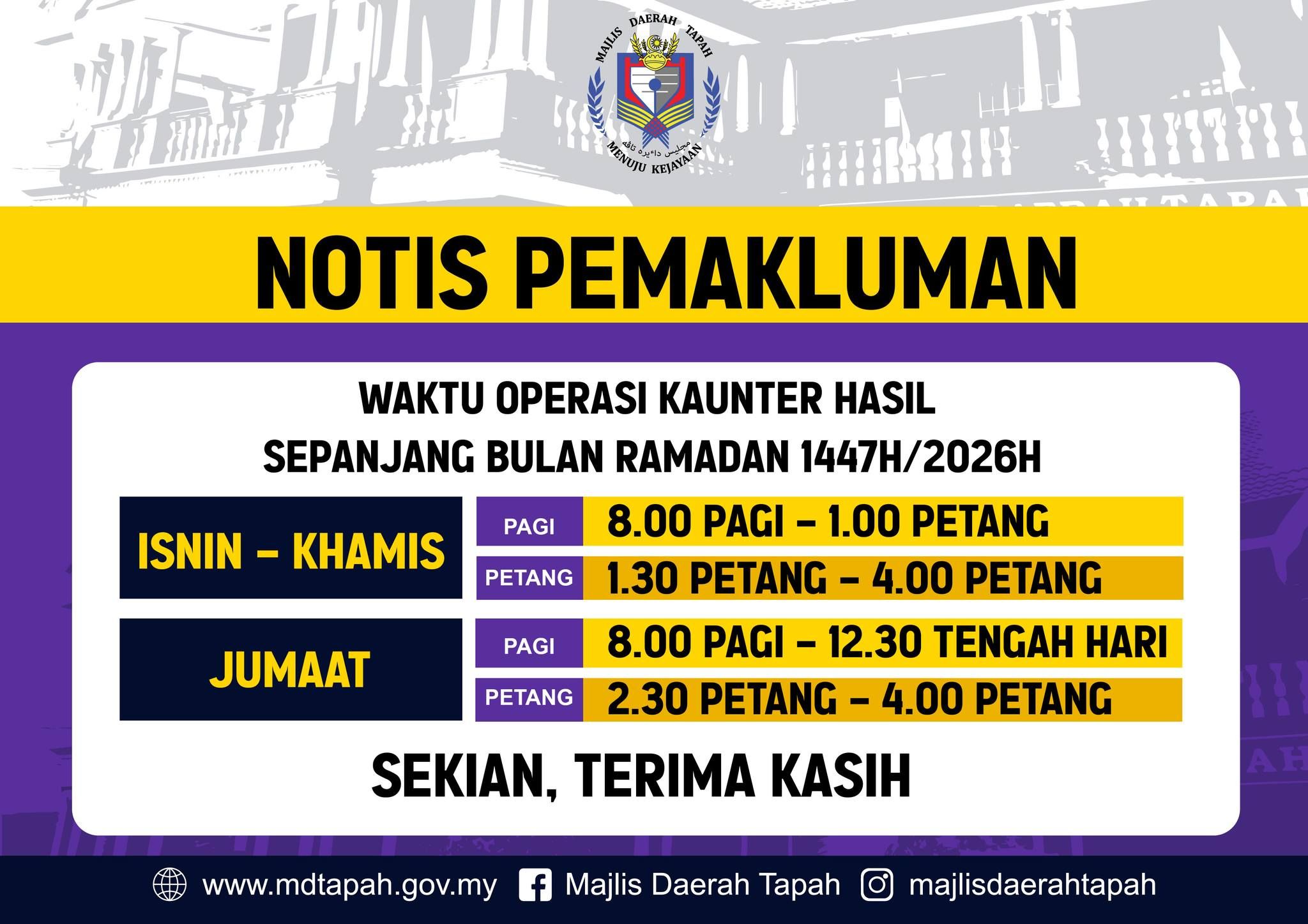 NOTIS PEMAKLUMAN:WAKTU OPERASI KAUNTER HASIL SEPANJANG BULAN RAMADHAN 1447H | 2026